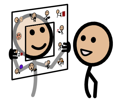 zdjęcie przedstawia symbol communication z bazy SymbolsStix. Jeden ludzik trzyma e-tran z symbolami i patrzy na oczy drugiego